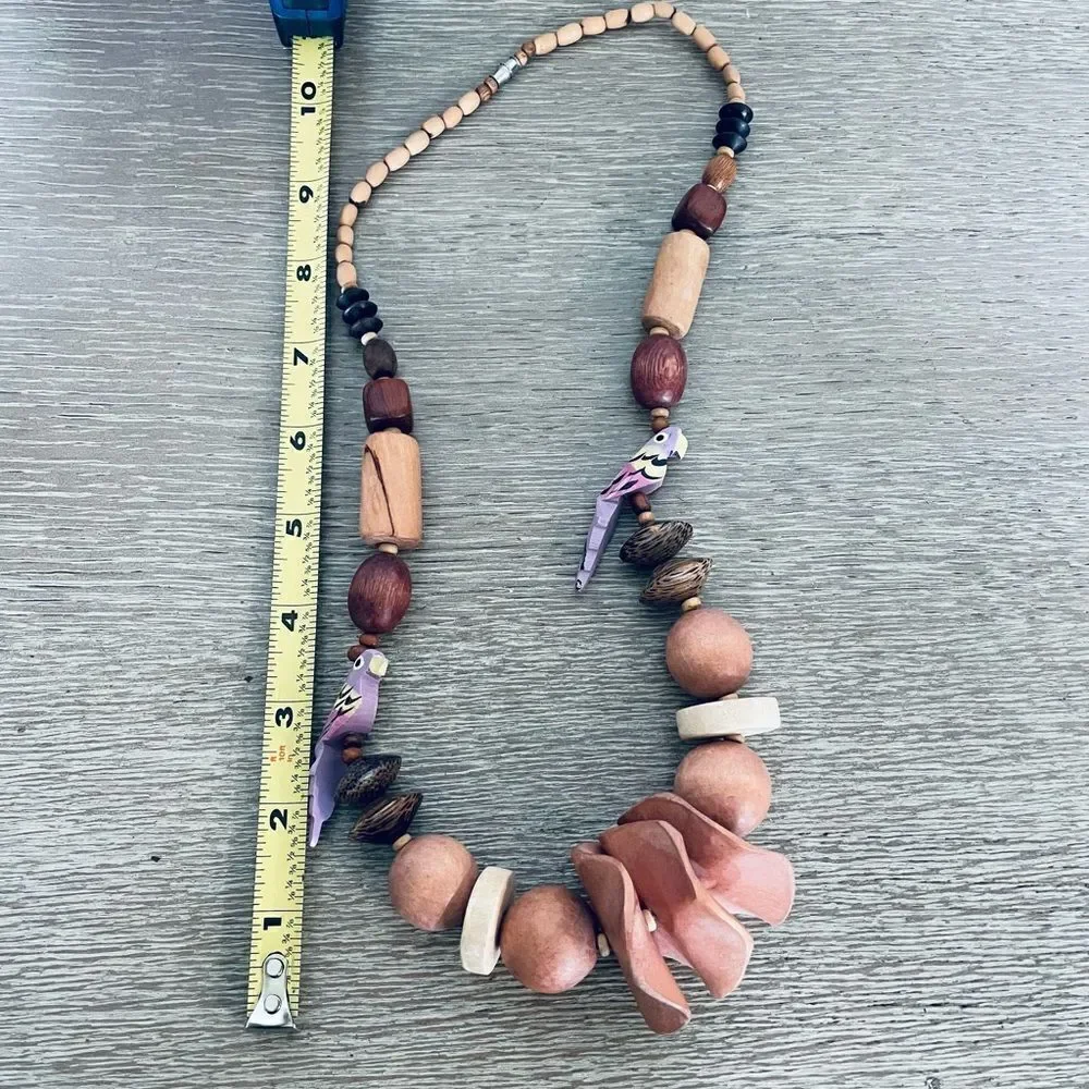 Wood Bead Carved Parrot Statement Necklace